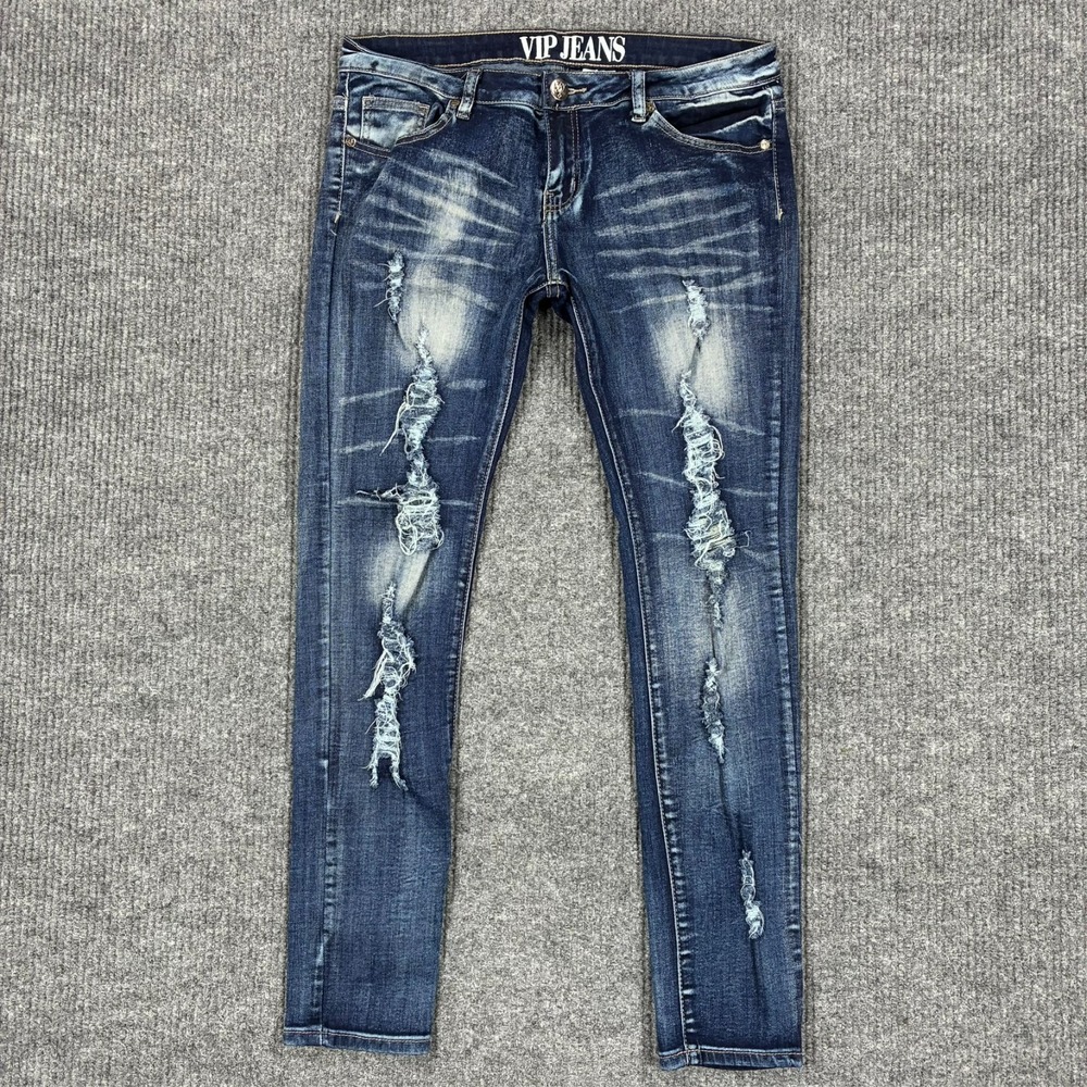 VIP Jeans Womens 11/12 Distressed Skinny Stretch Blue Denim Jeans Medium Wash